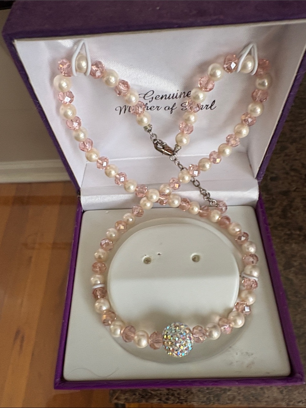 Mother of Pearl Pink Pearl & Crystal Necklace with Sparkle Bead